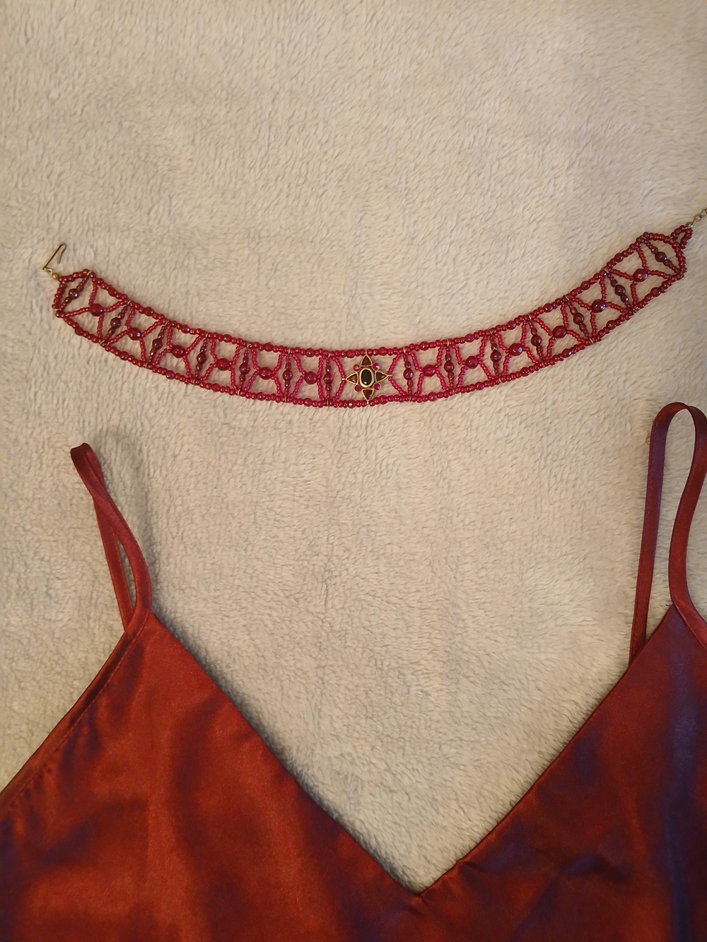 Vintage Whimsygoth Beaded Garnet Choker Necklace Gold Gothic Lattice 12"-14" - Picture 8 of 10